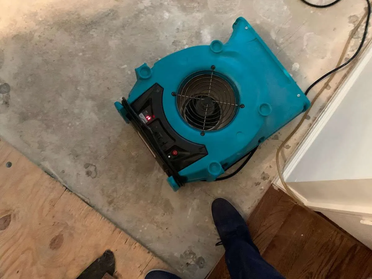 Air mover drying subfloor during Commercial Water Damage Restoration in Bernards